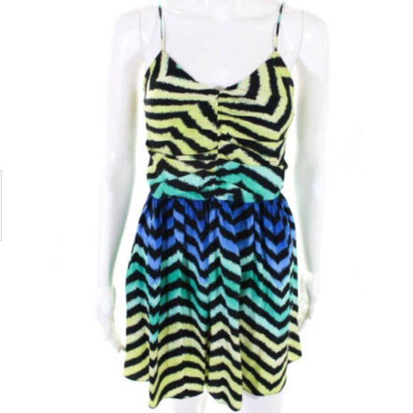 Parker Silk Summer Mini Dress Striped Green Yellow - Picture 1 of 6
